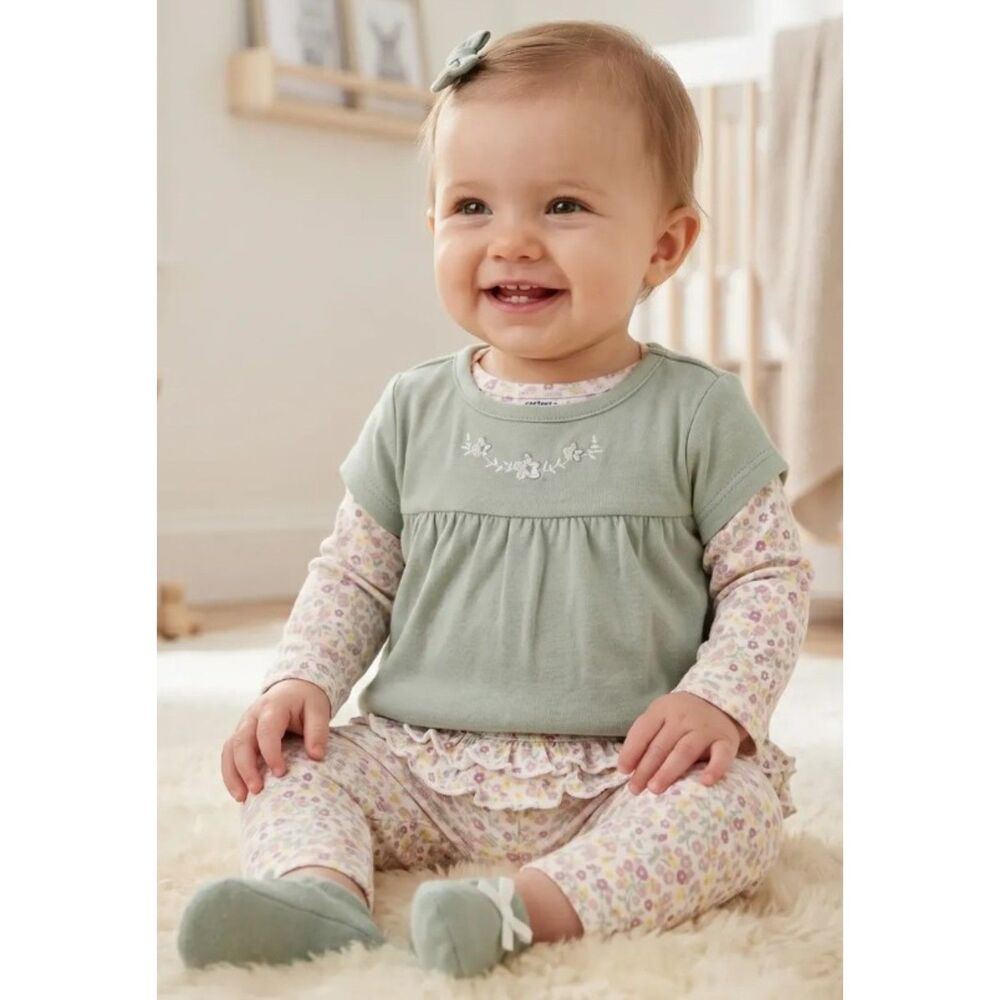 NEW NWT Girls Sz 24 Months Purple Green Floral & Coordinating Pants 3 Pc Outfit